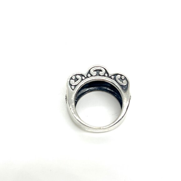 VINTAGE STERLING SILVER 925 RED CORAL STONE HS RING SCROLL SCALLOPED EDGE BOHO 7 - Picture 9 of 15